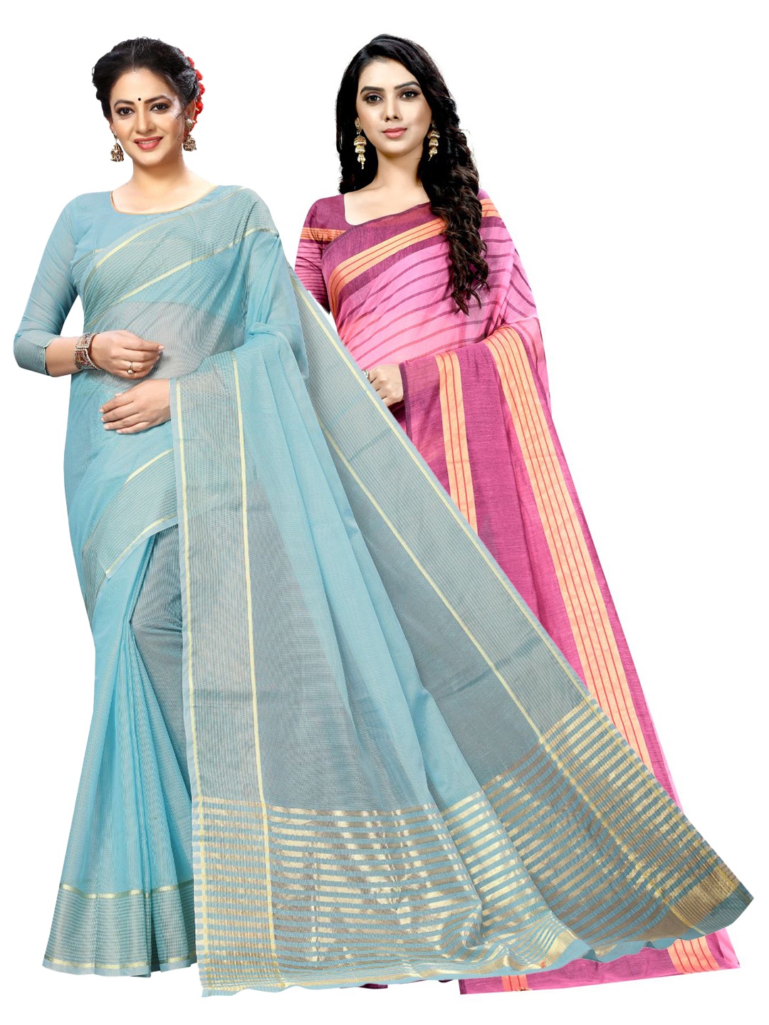 

SAADHVI A Selection of 2 Striped Sarees, Blue