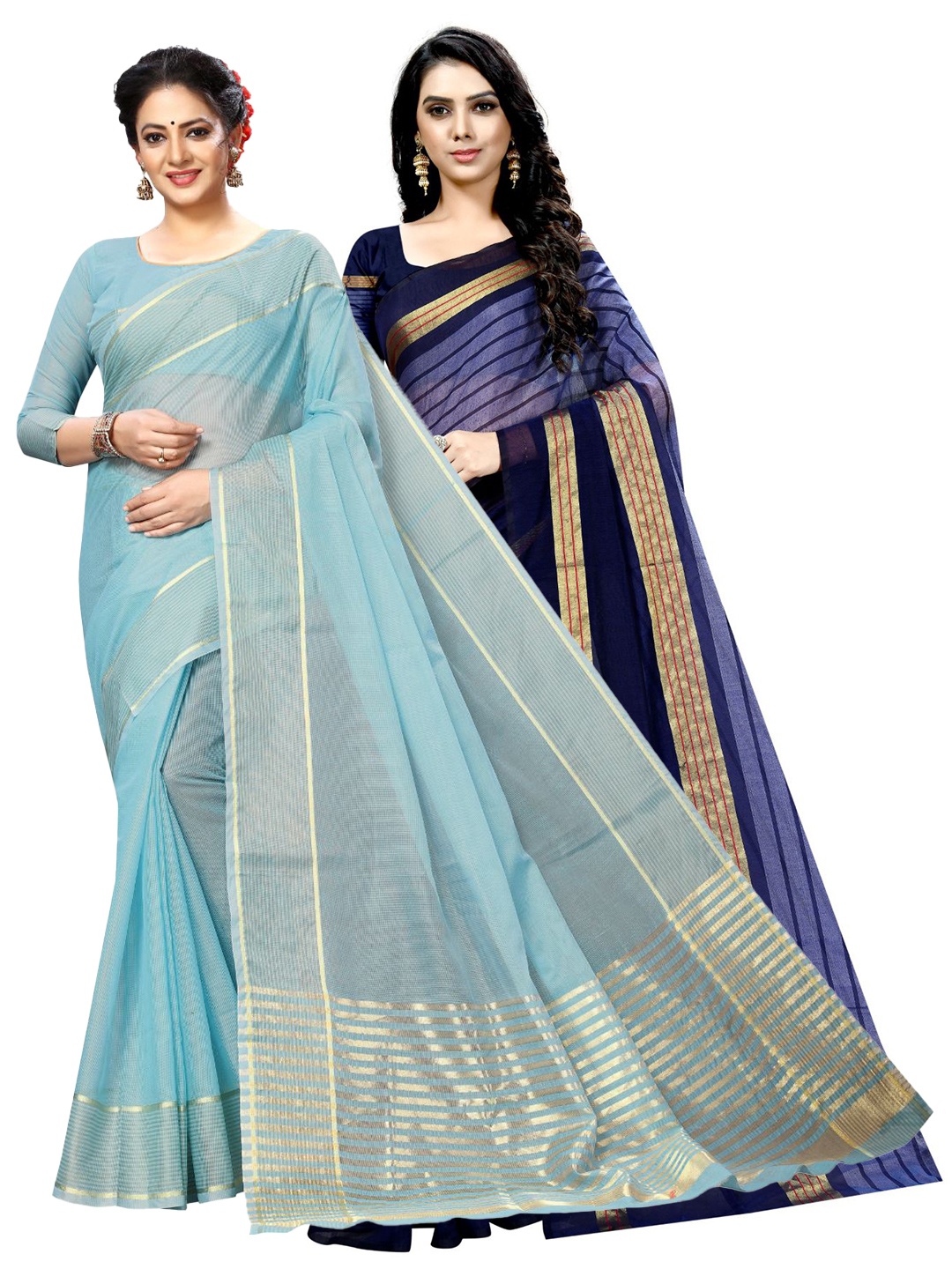 

SAADHVI A Selection of 2 Striped Sarees, Blue
