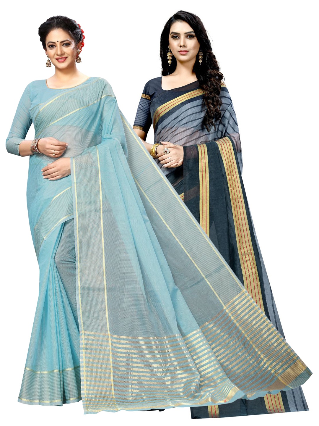 

SAADHVI Selection Of 2 Striped Zari Ilkal Saree, Blue