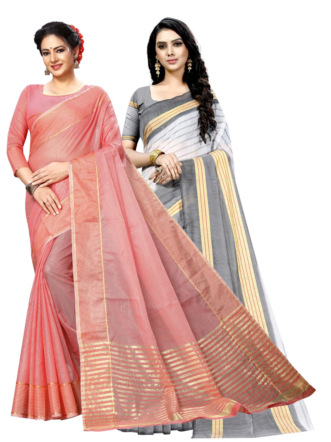 

SAADHVI Selection Of 2 Striped Zari Ilkal Saree, Peach