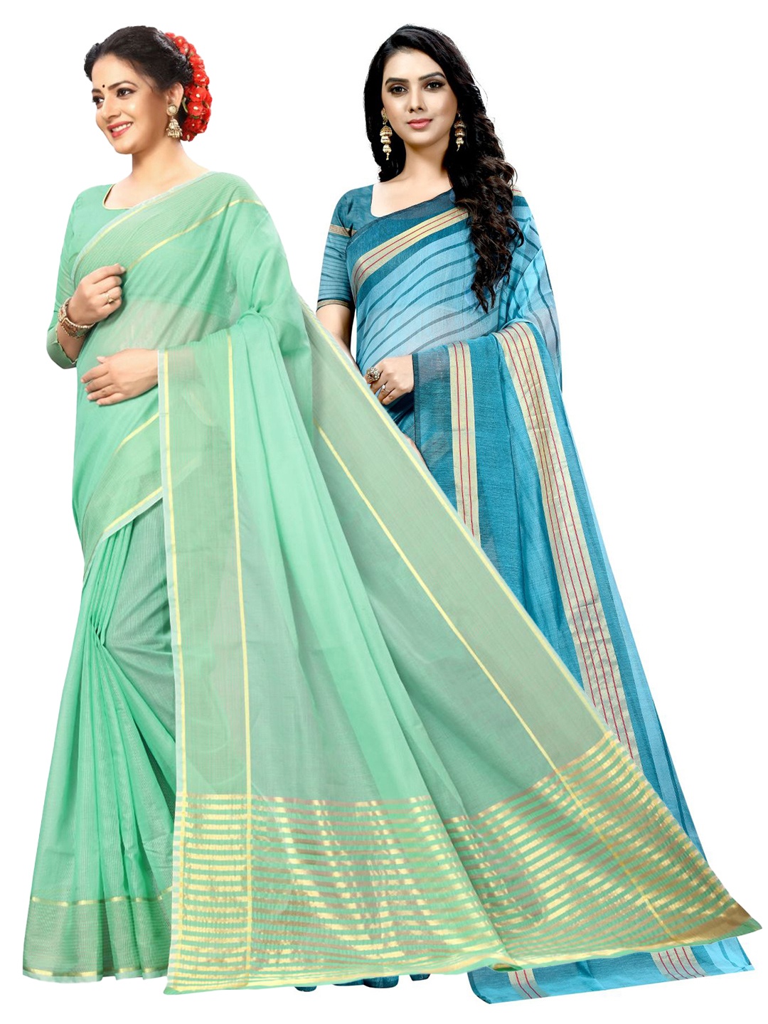 

SAADHVI Selection Of 2 Striped Zari Ilkal Saree, Green