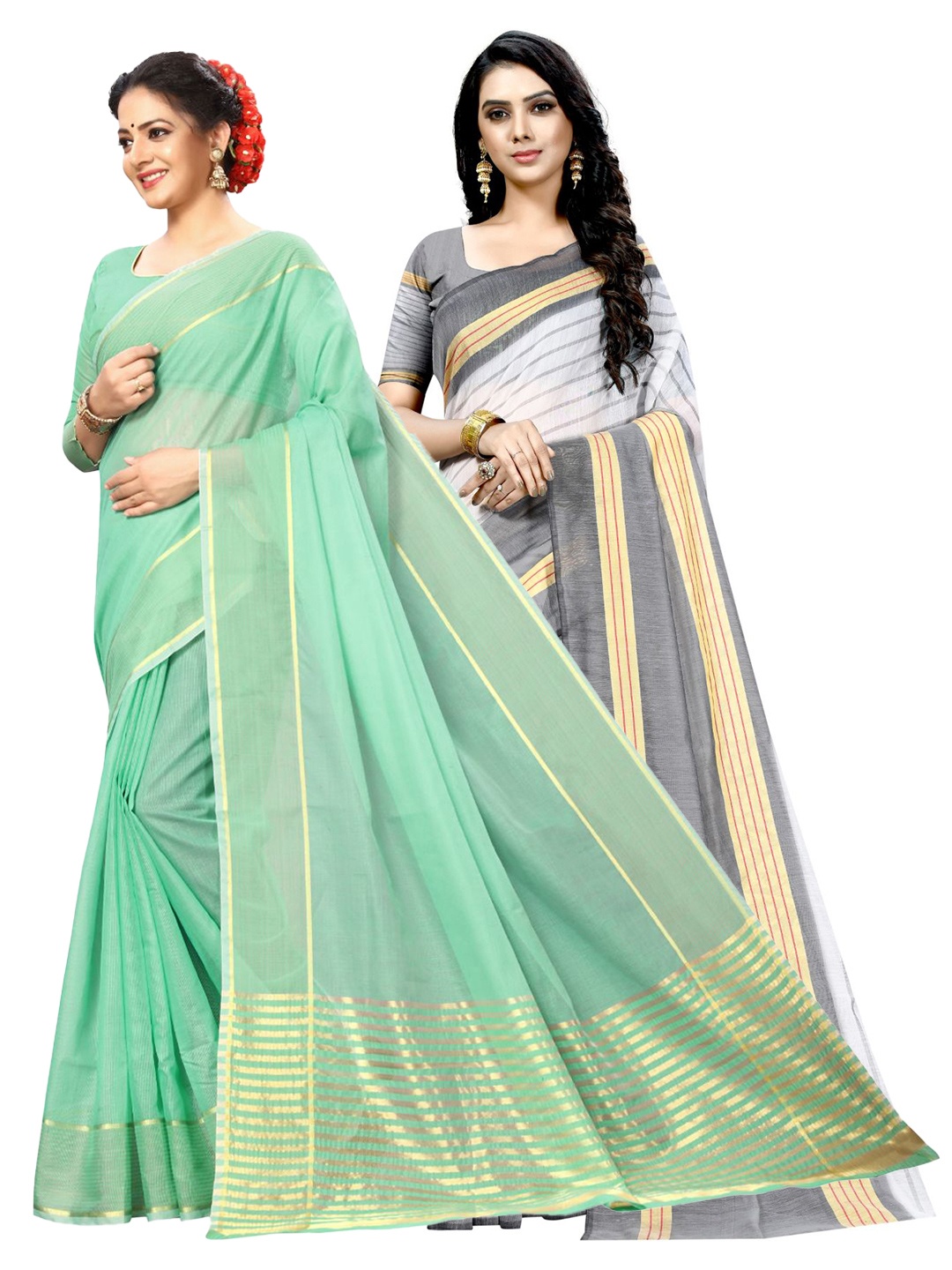 

SAADHVI Selection Of 2 Striped Zari Ilkal Saree, Green