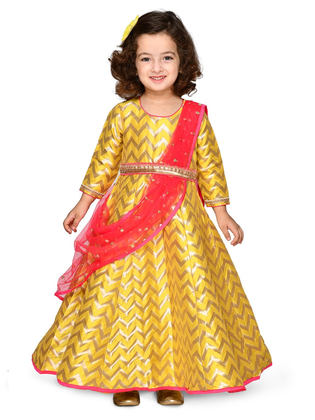 

SAKA DESIGNS Girls Chevron Printed Maxi Ethnic Dress With Dupatta, Yellow