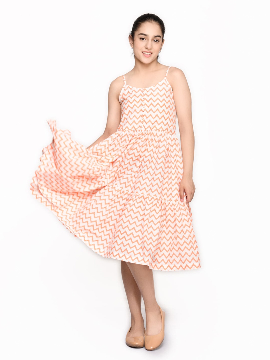 

SAKA DESIGNS Chevron Printed Tiered Pure Cotton Midi Dress, Orange