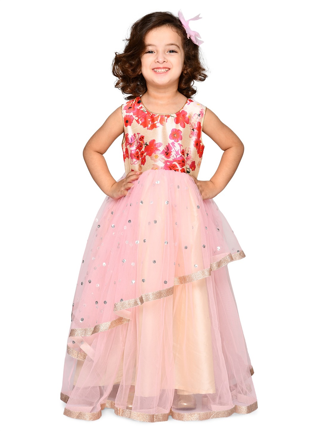 

SAKA DESIGNS Floral Printed Layered Maxi Silk Dress, Pink