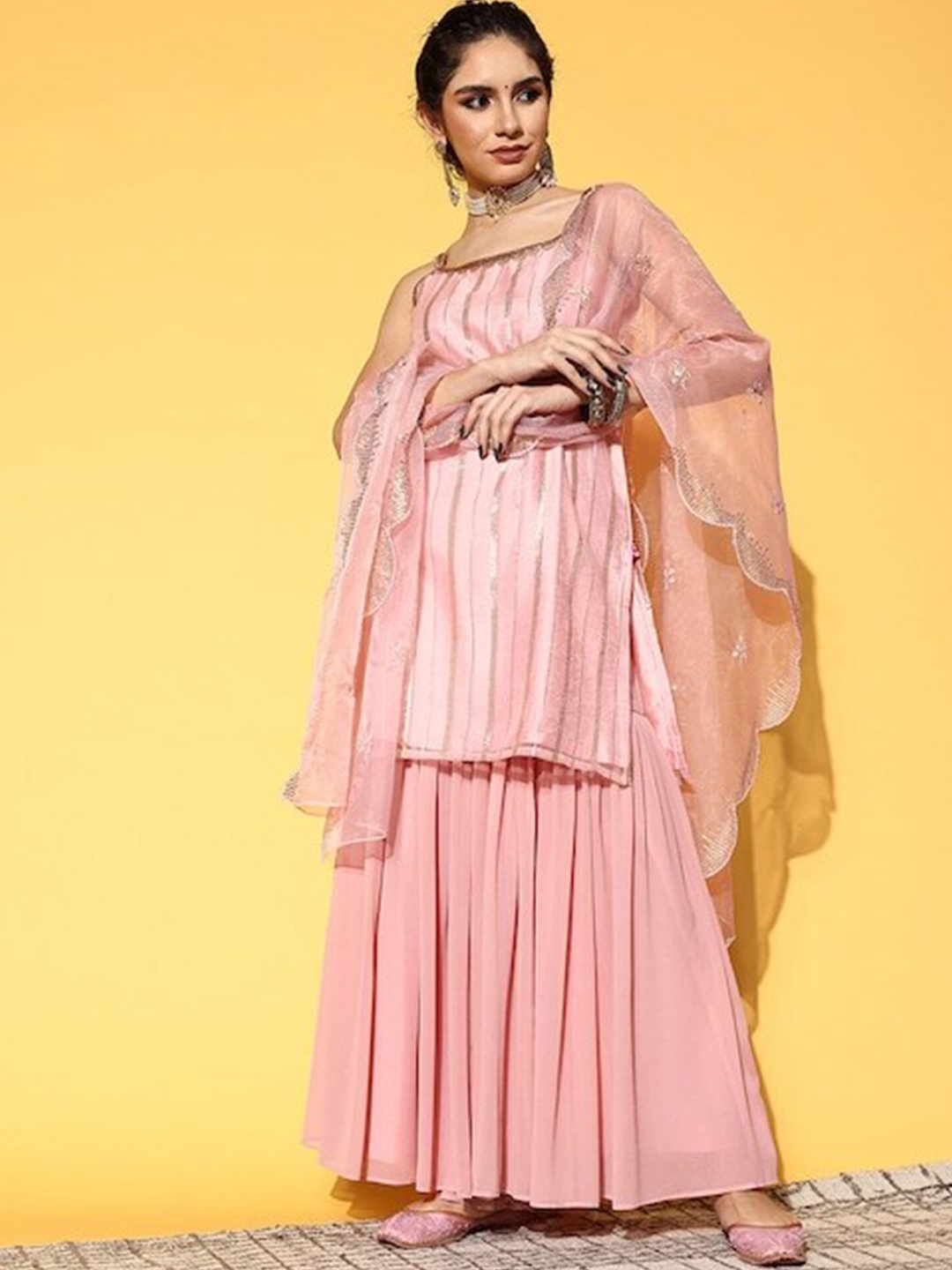 

Varanga Women Embroidered Sleeveless Kurta with Sharara & Dupatta, Peach