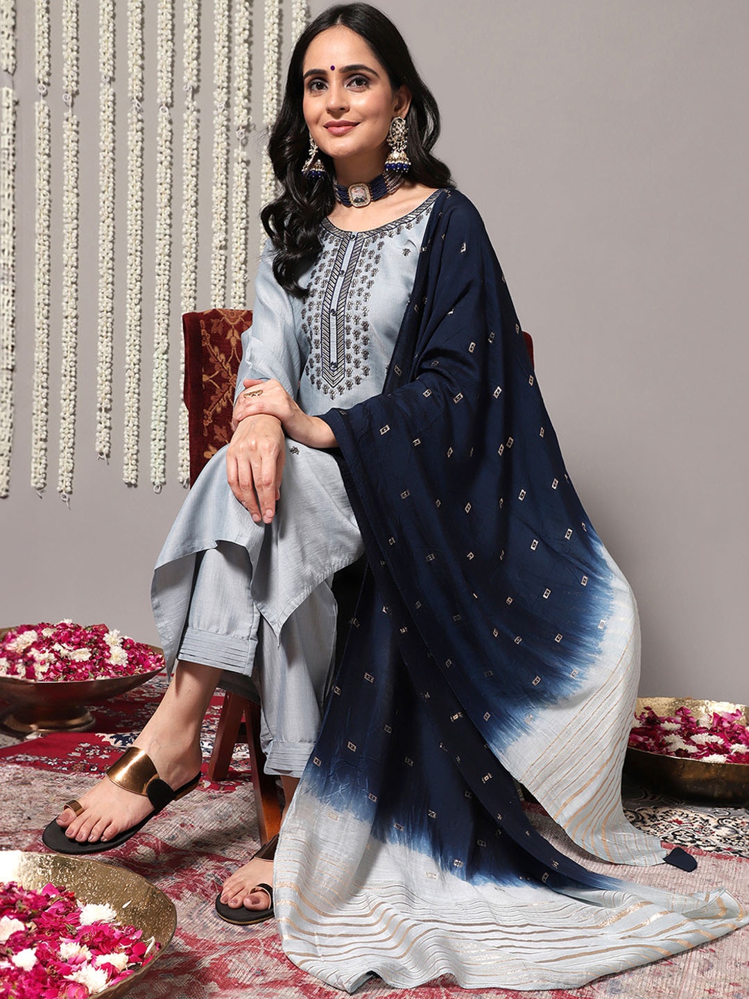 

Varanga Women Sequinned Kurta with Trousers & With Dupatta, Blue