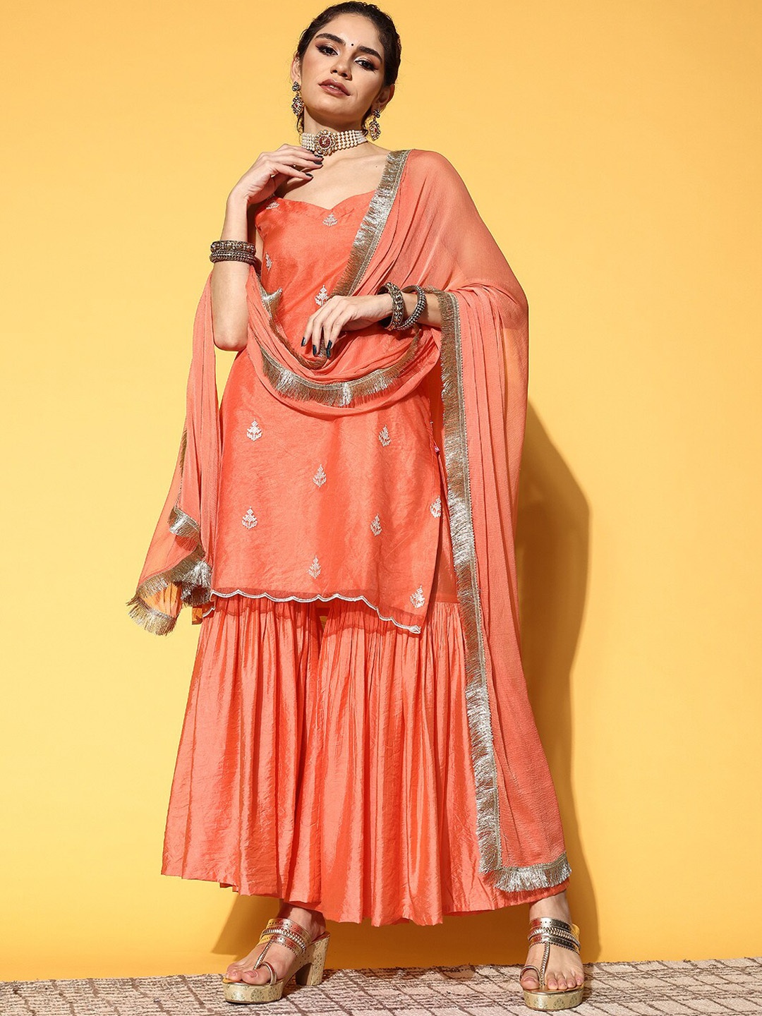 

Varanga Ethnic Motifs Embroidered Thread Work Kurta with Sharara & Dupatta, Orange