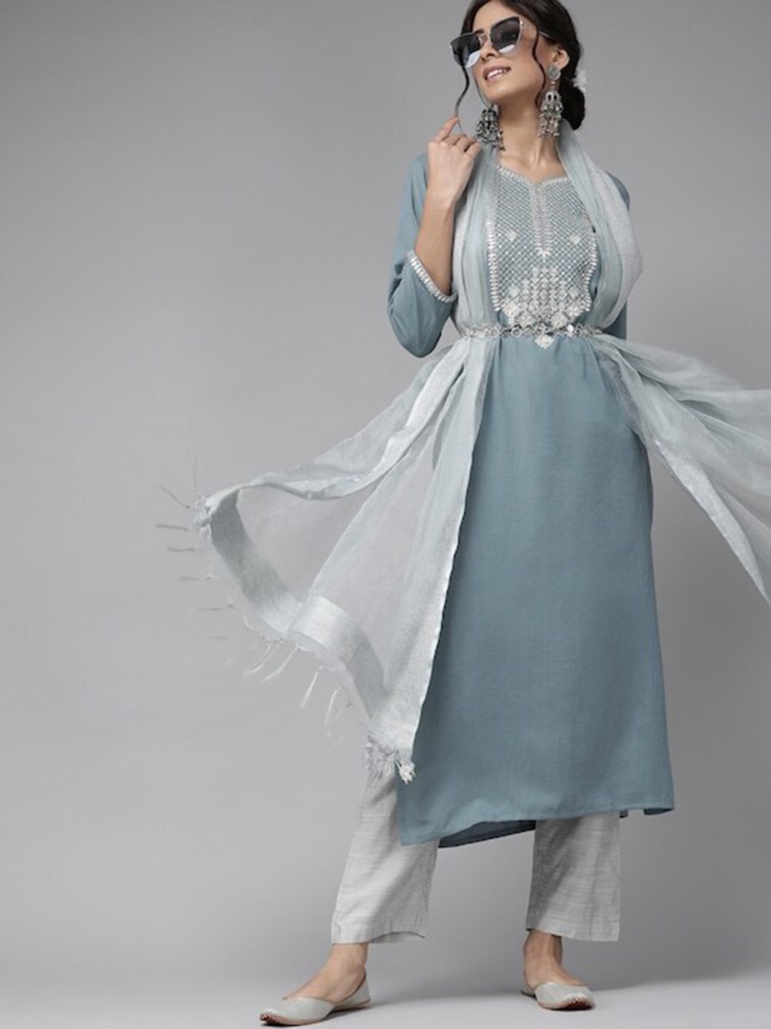 

Varanga Women Sequinned Kurta with Trousers & With Dupatta, Blue