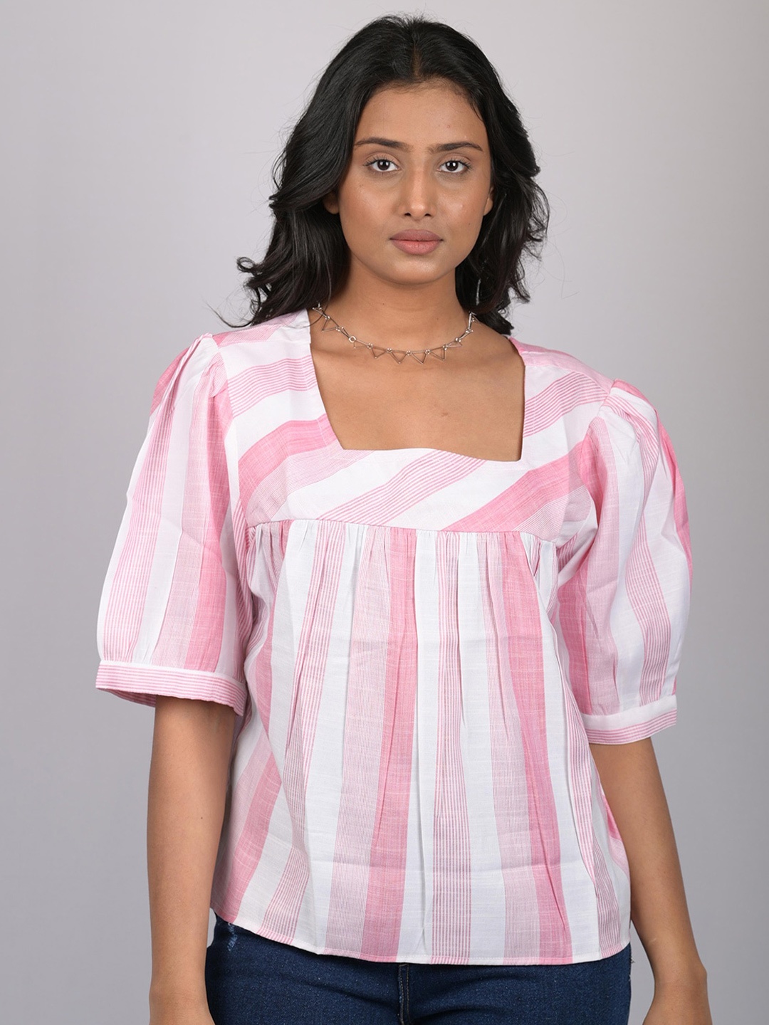 

OWO THE LABEL Striped Square Neck Top, Pink