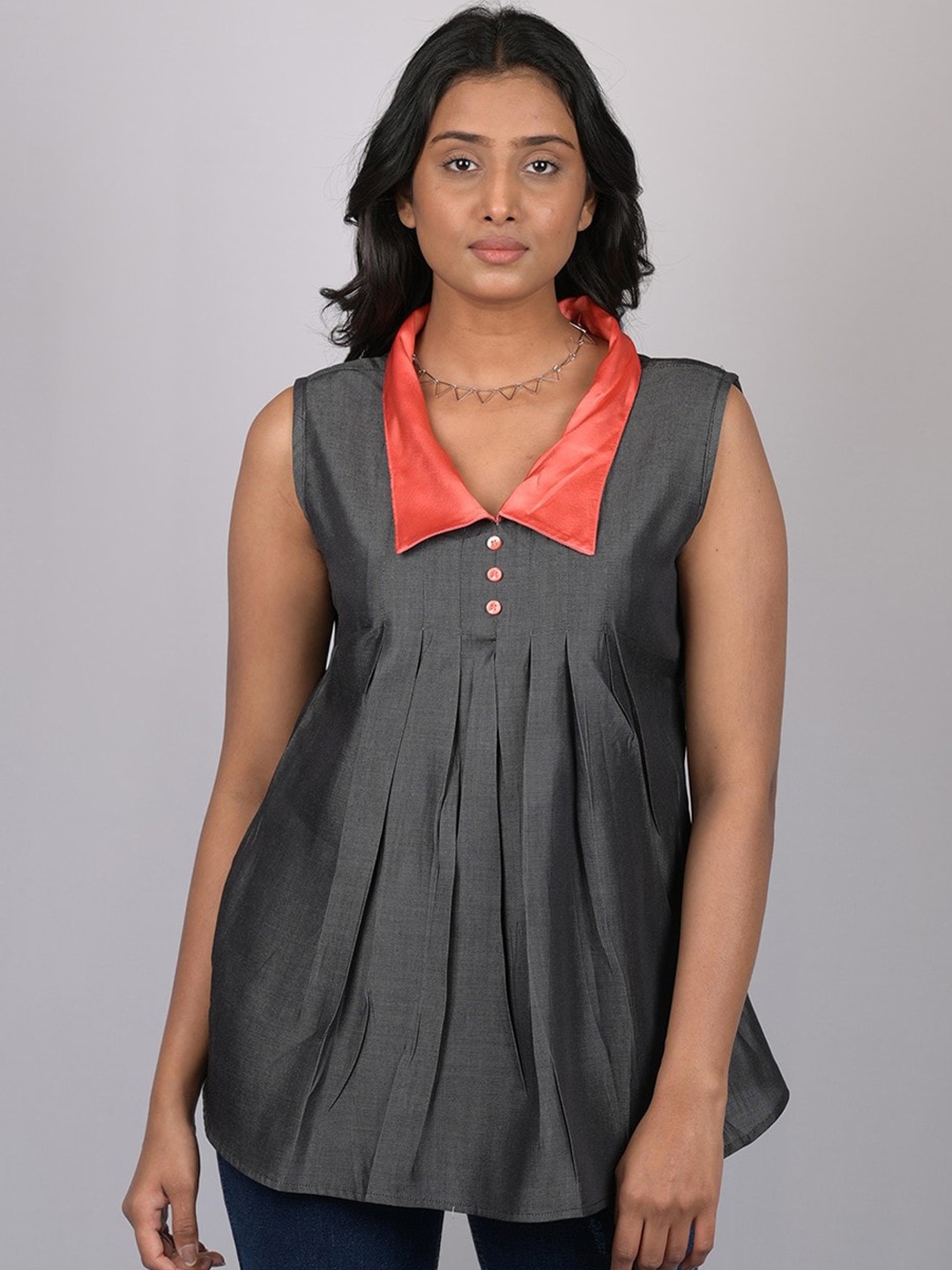 

OWO THE LABEL Charcoal & Coral Shirt Collar Tunic