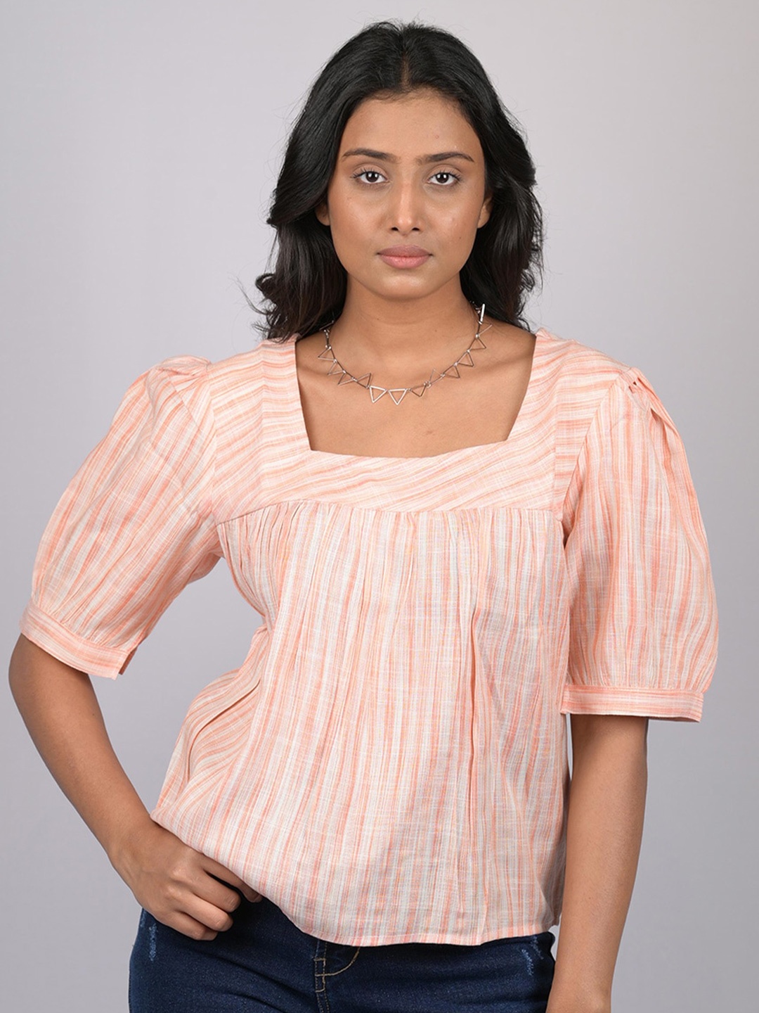 

OWO THE LABEL Striped Square Neck Top, Cream