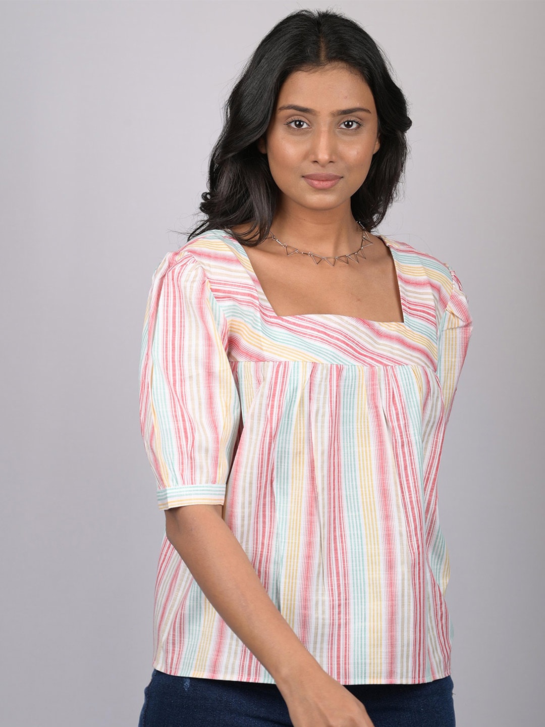 

OWO THE LABEL Candy Striped Square Neck Top, Off white