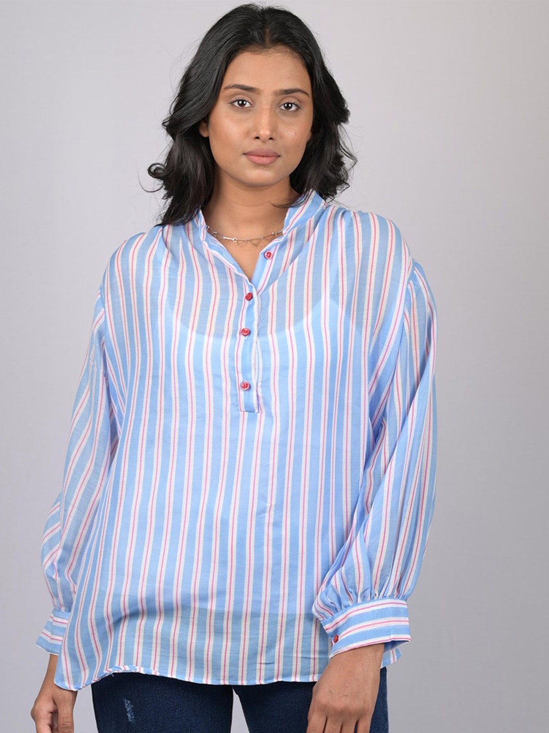 

OWO THE LABEL Striped Shirt Style Cuffed Sleeves Top, Blue