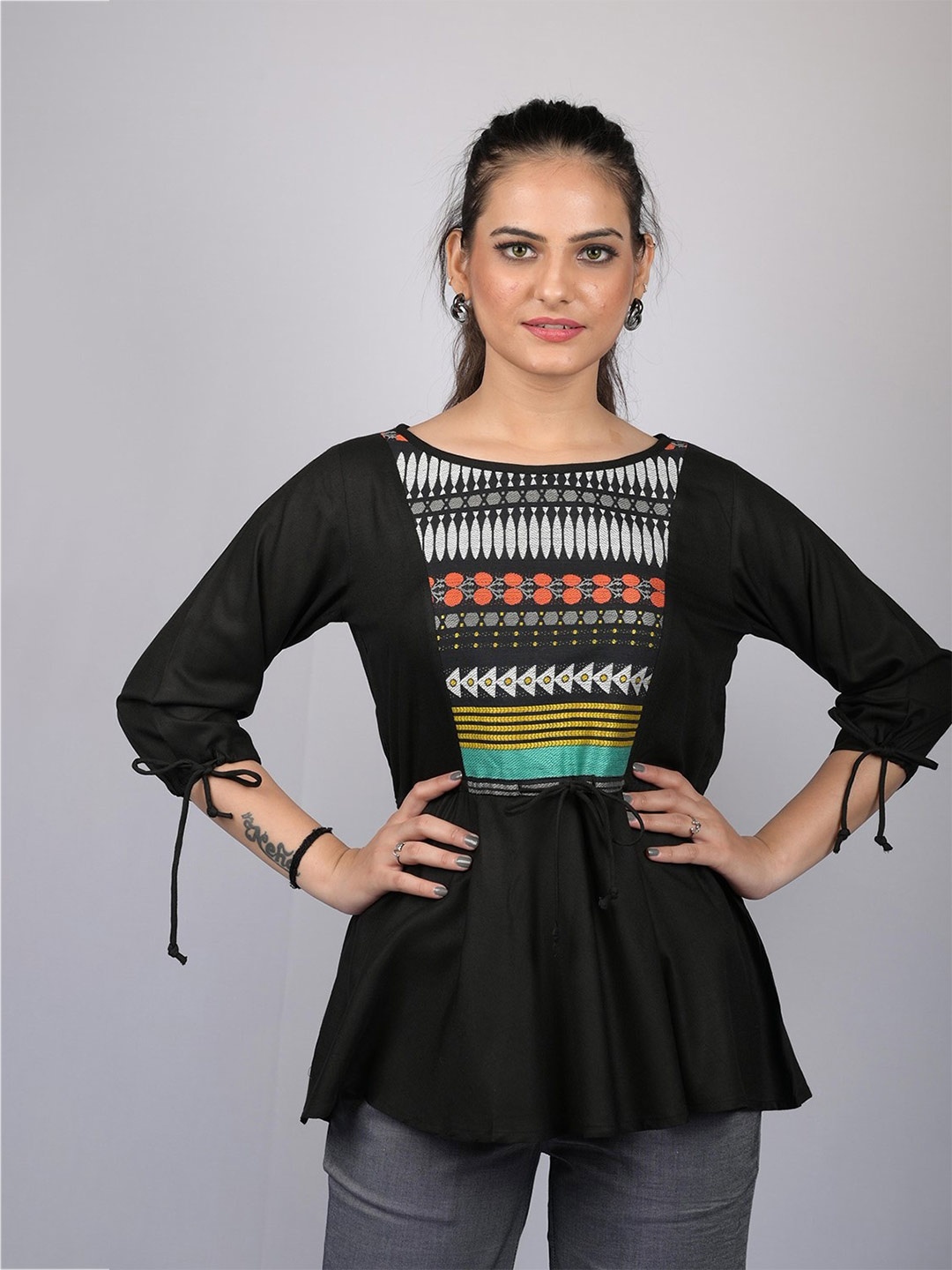 

OWO THE LABEL Tribal Print Peplum Top, Black