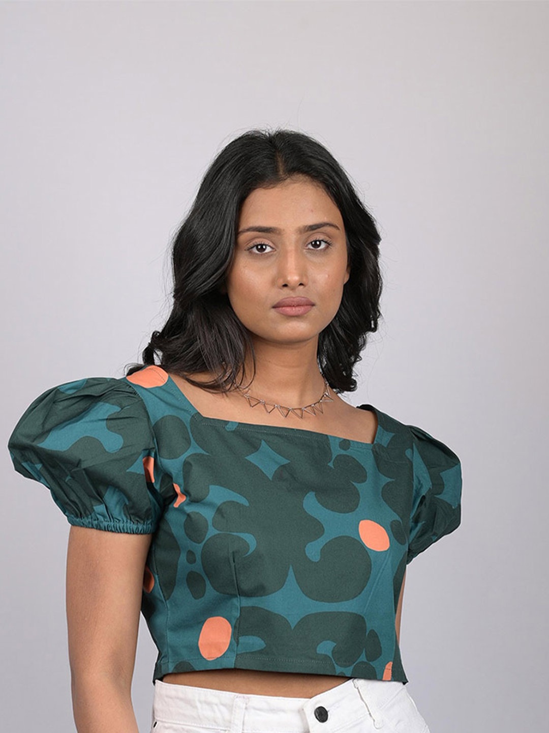 

OWO THE LABEL Printed Square Neck Crop Top, Green