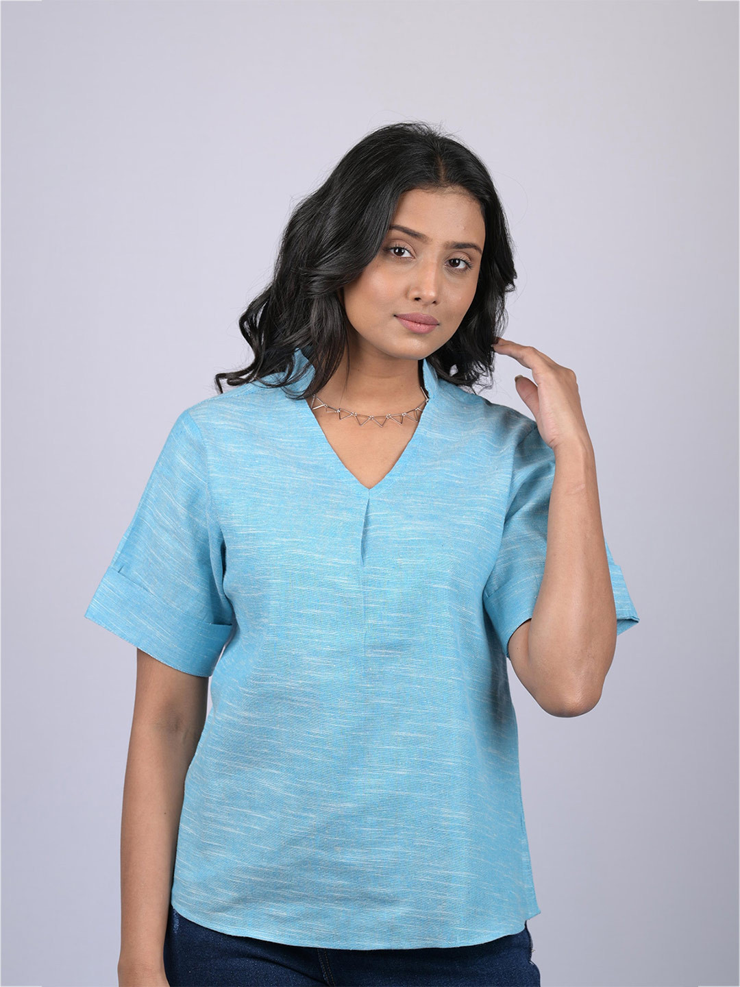 

OWO THE LABEL V-Neck Mandarin Collar Top, Blue