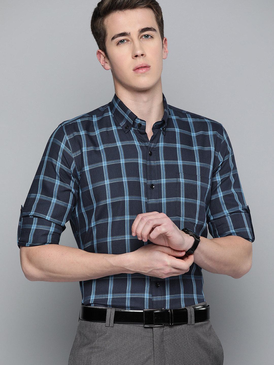 

DENNISON Smart Windowpane Checks Slim Fit Formal Shirt, Navy blue