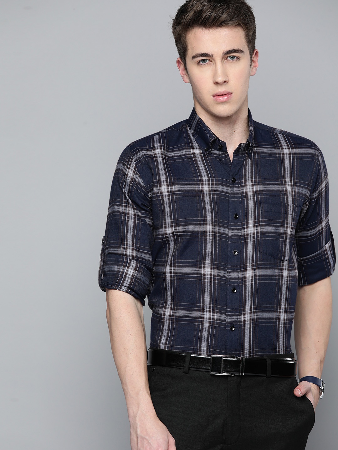 

DENNISON MenSmart Slim Fit Tartan Checks Formal Shirt, Navy blue