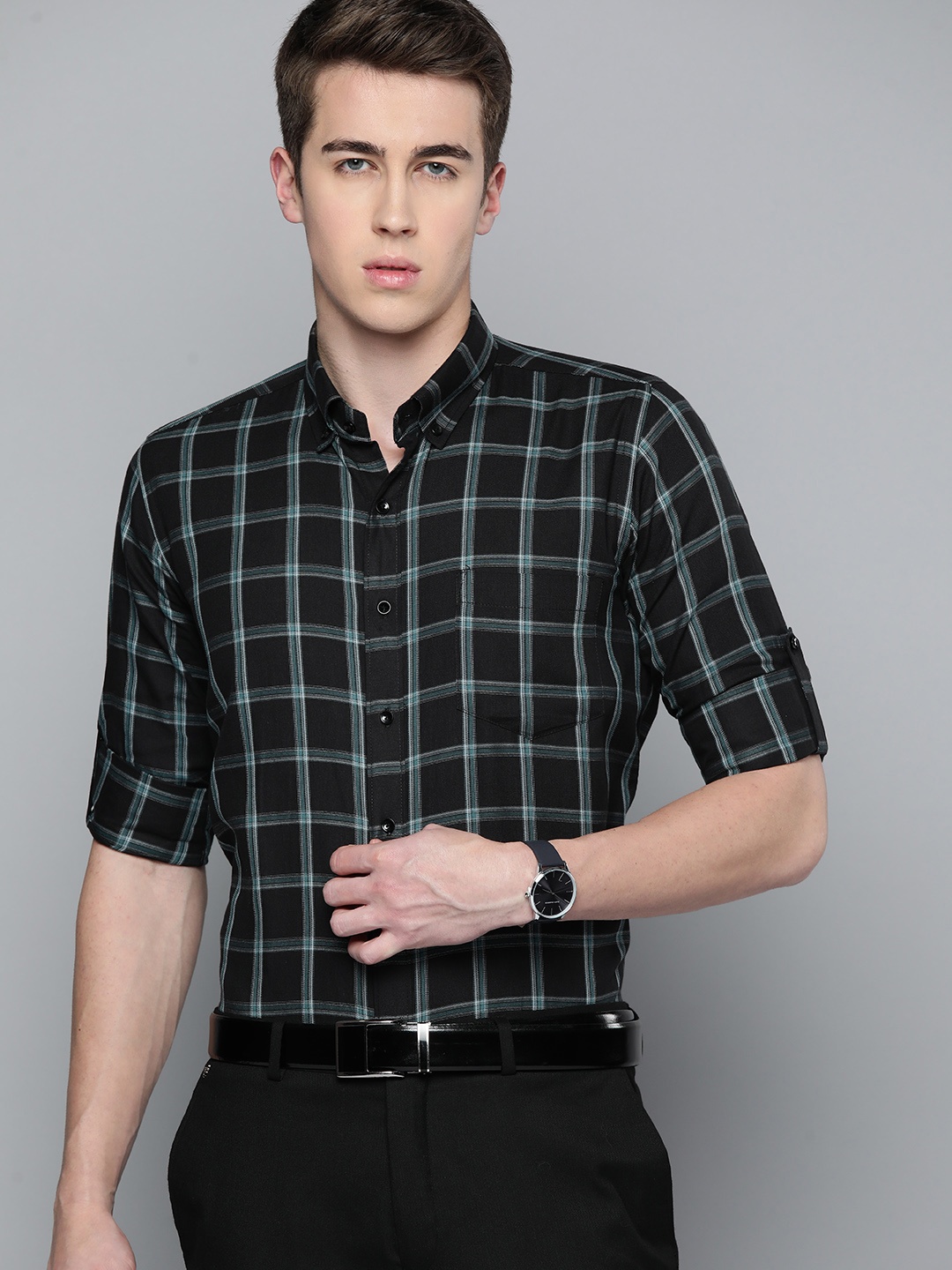 

DENNISON Men Smart Slim Fit Tartan Checks Formal Shirt, Black