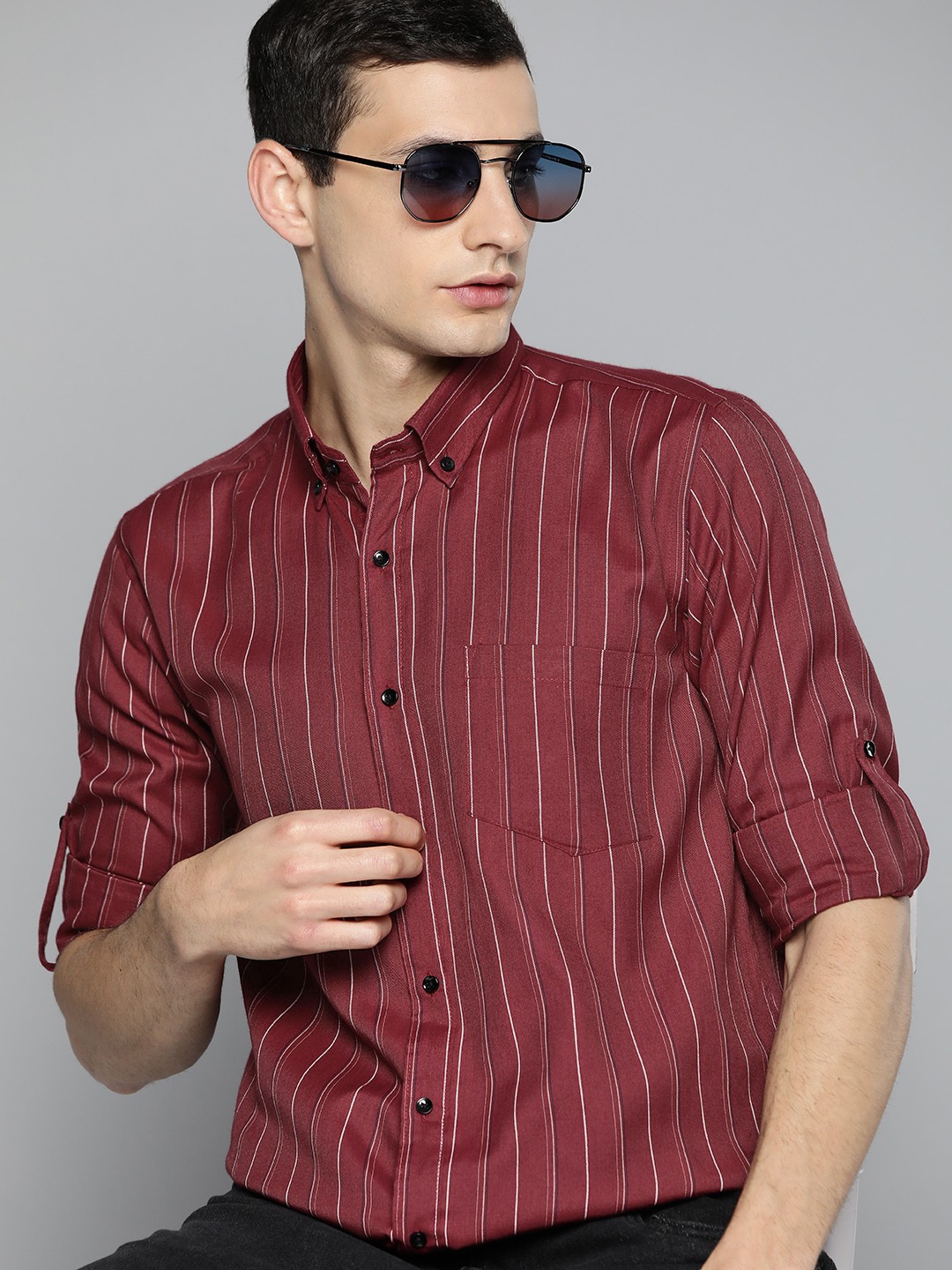 

DENNISON Smart Slim Fit Striped Formal Shirt, Maroon