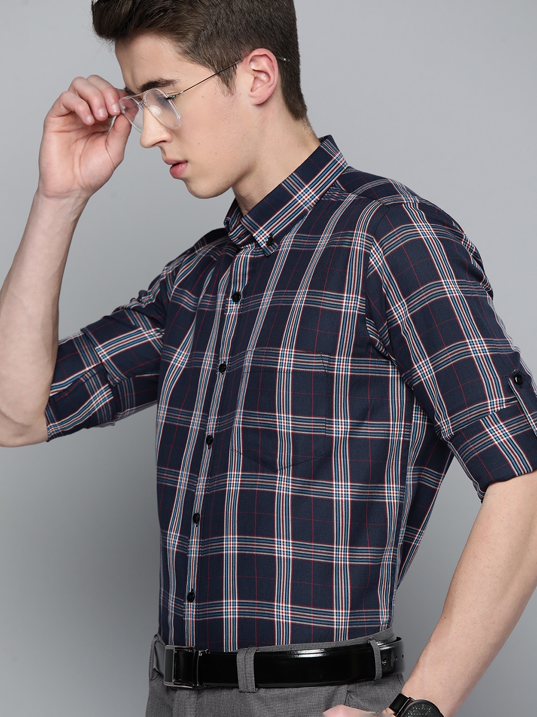

DENNISON Men Smart Slim Fit Tartan Checks Formal Shirt, Navy blue