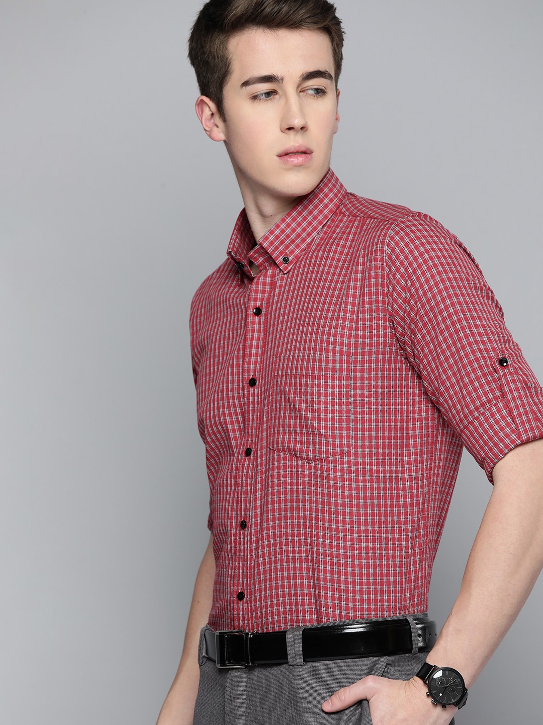 

DENNISON Smart Slim Fit Gingham Checks Formal Shirt, Red