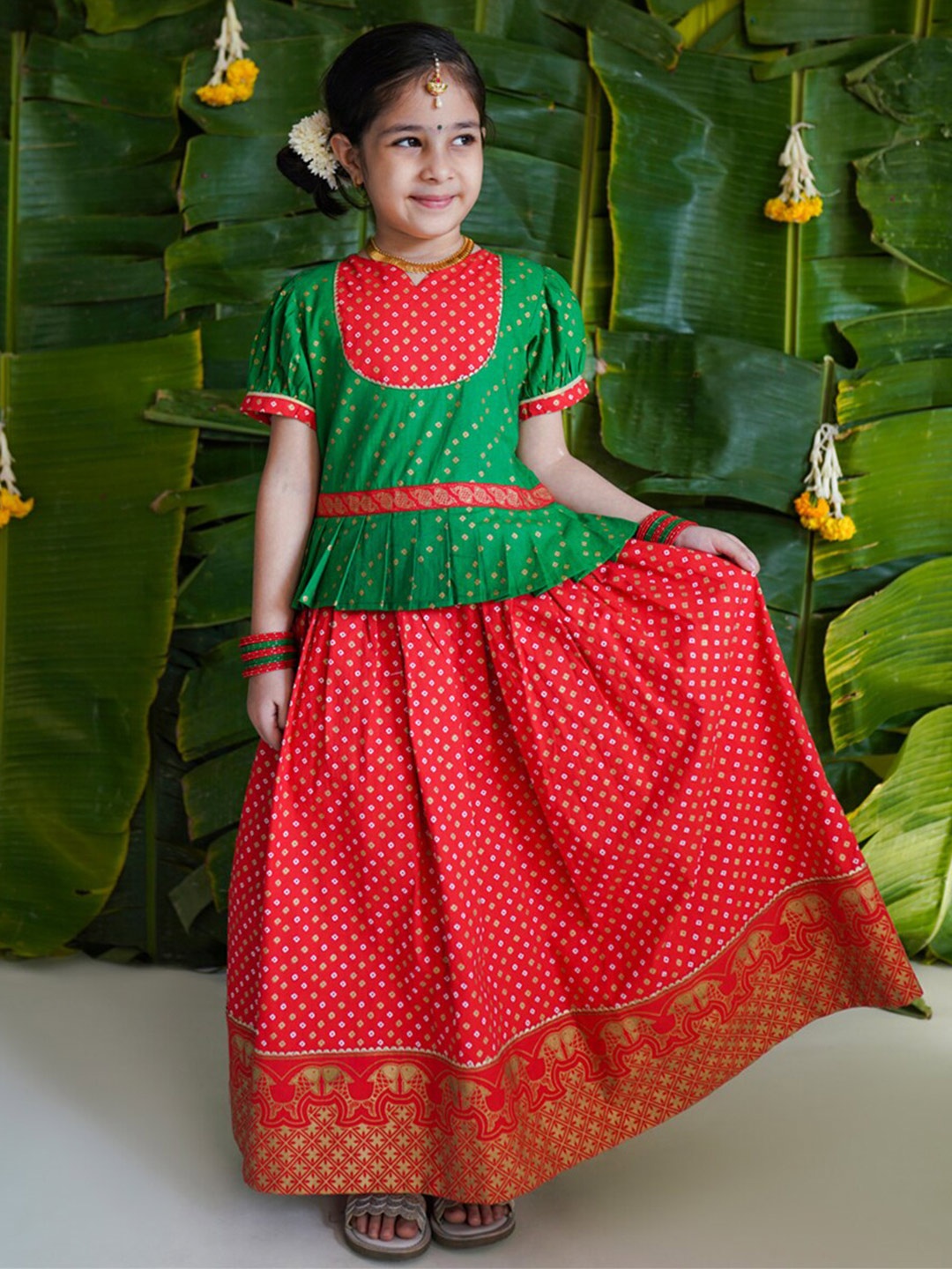 

Tiber Taber Girls Printed Cotton Ready to Wear Lehenga Choli, Green