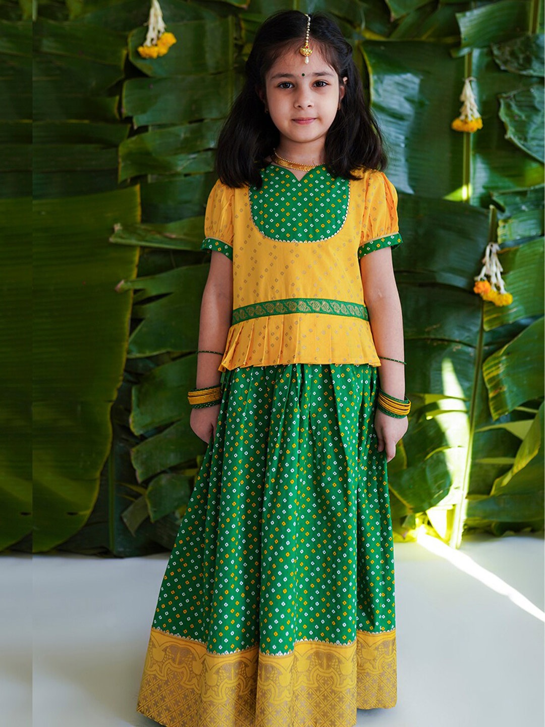 

Tiber Taber Girls Bandhani Printed Cotton Ready to Wear Lehenga & Blouse, Yellow