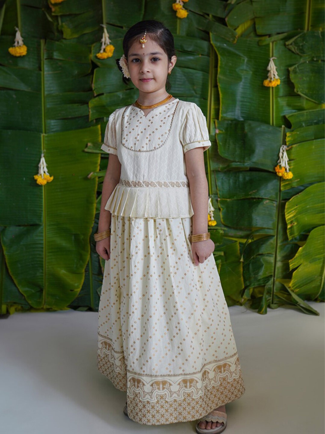 

Tiber Taber Girls Bandhani Printed Ready to Wear Lehenga & Blouse, Cream