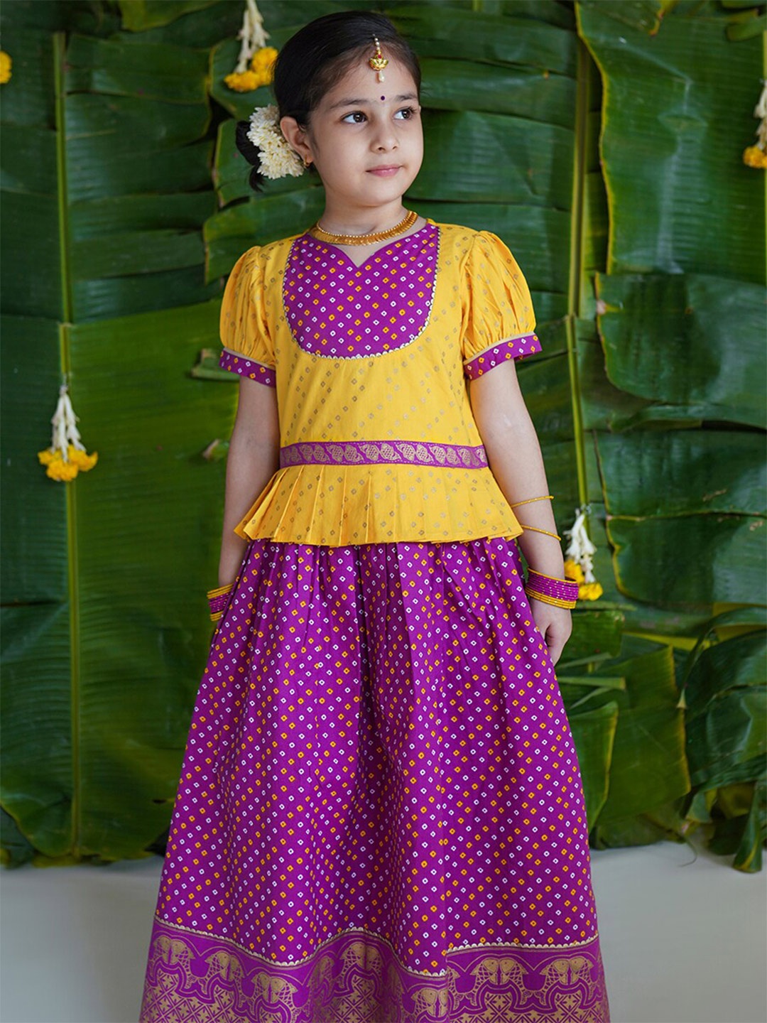 

Tiber Taber Girls Bandhani Printed Ready to Wear Lehenga & Blouse, Purple