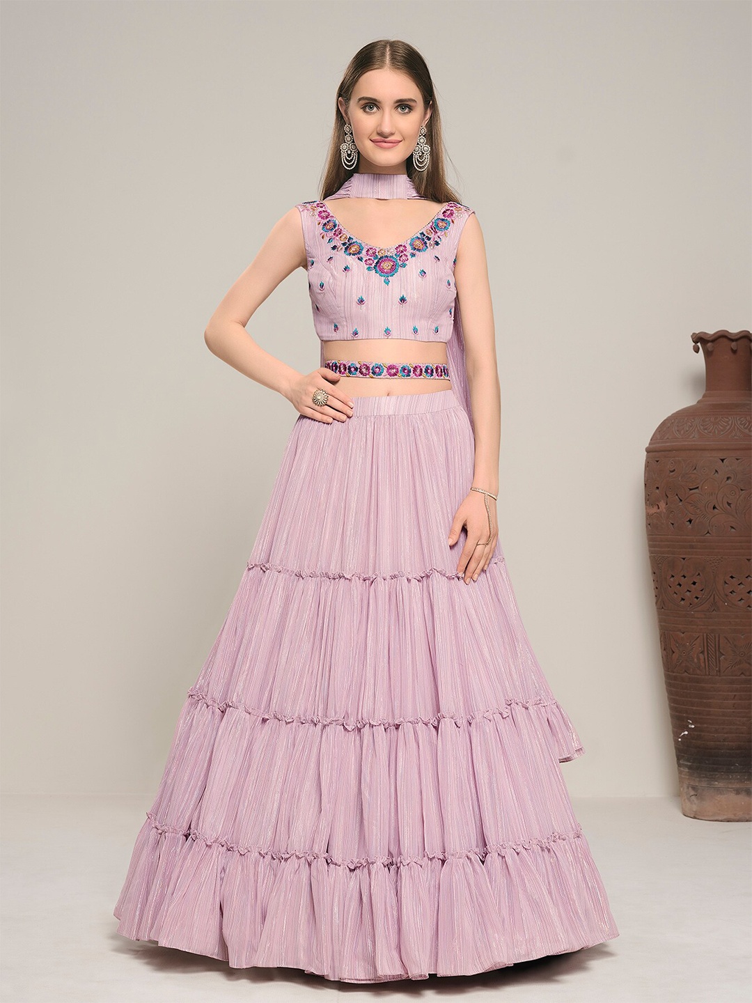 

DRESSTIVE Pink Embroidered Semi-Stitched Lehenga & Unstitched Blouse With Dupatta & Belt