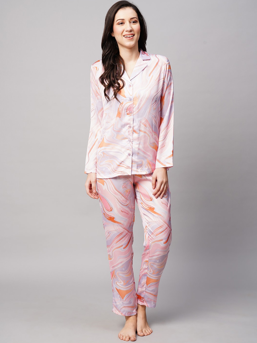 

DRAPE IN VOGUE Women 2 Pieces Abstract Printed Satin Night Suit, Pink
