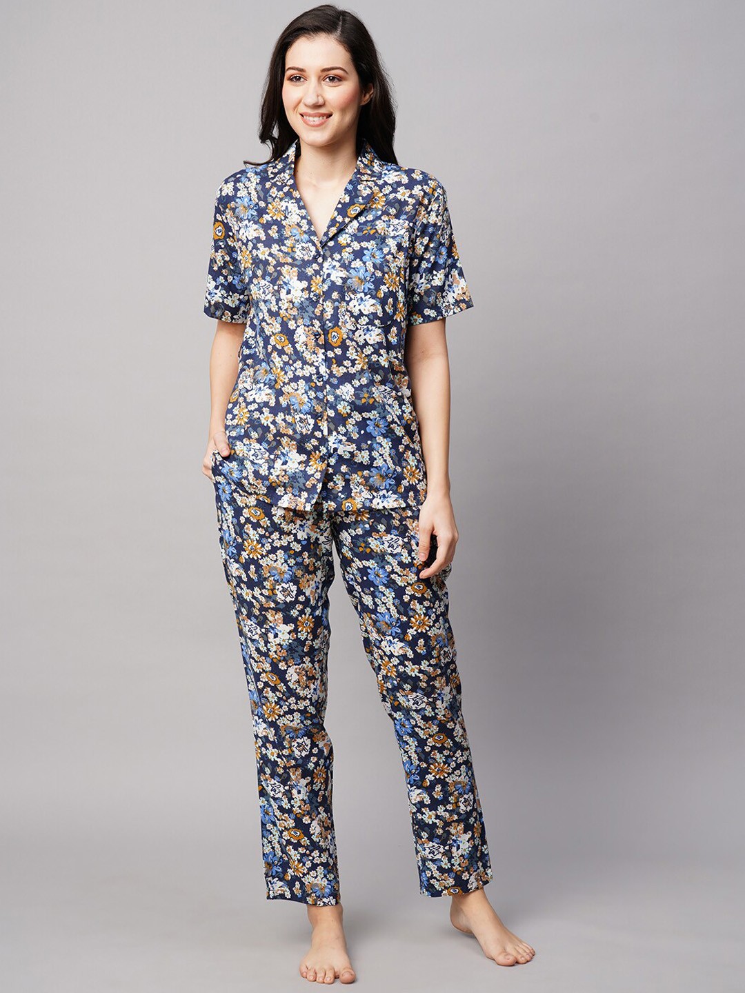

DRAPE IN VOGUE Women 2 Pieces Floral Printed Pure Cotton Night suit, Navy blue