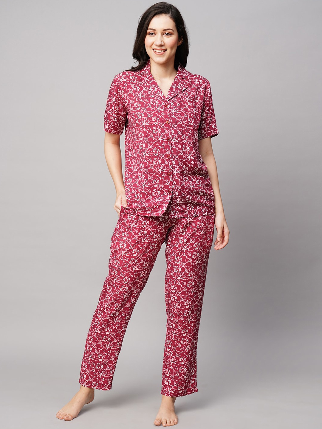 

DRAPE IN VOGUE Women 2 Pieces Floral Printed Night suit, Maroon