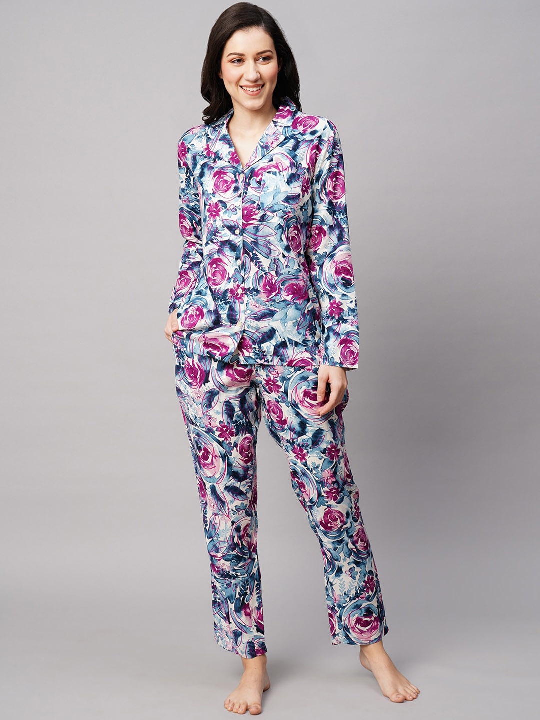 

DRAPE IN VOGUE Women Floral Printed Lapel Collar 2 Piece Night suit, Off white