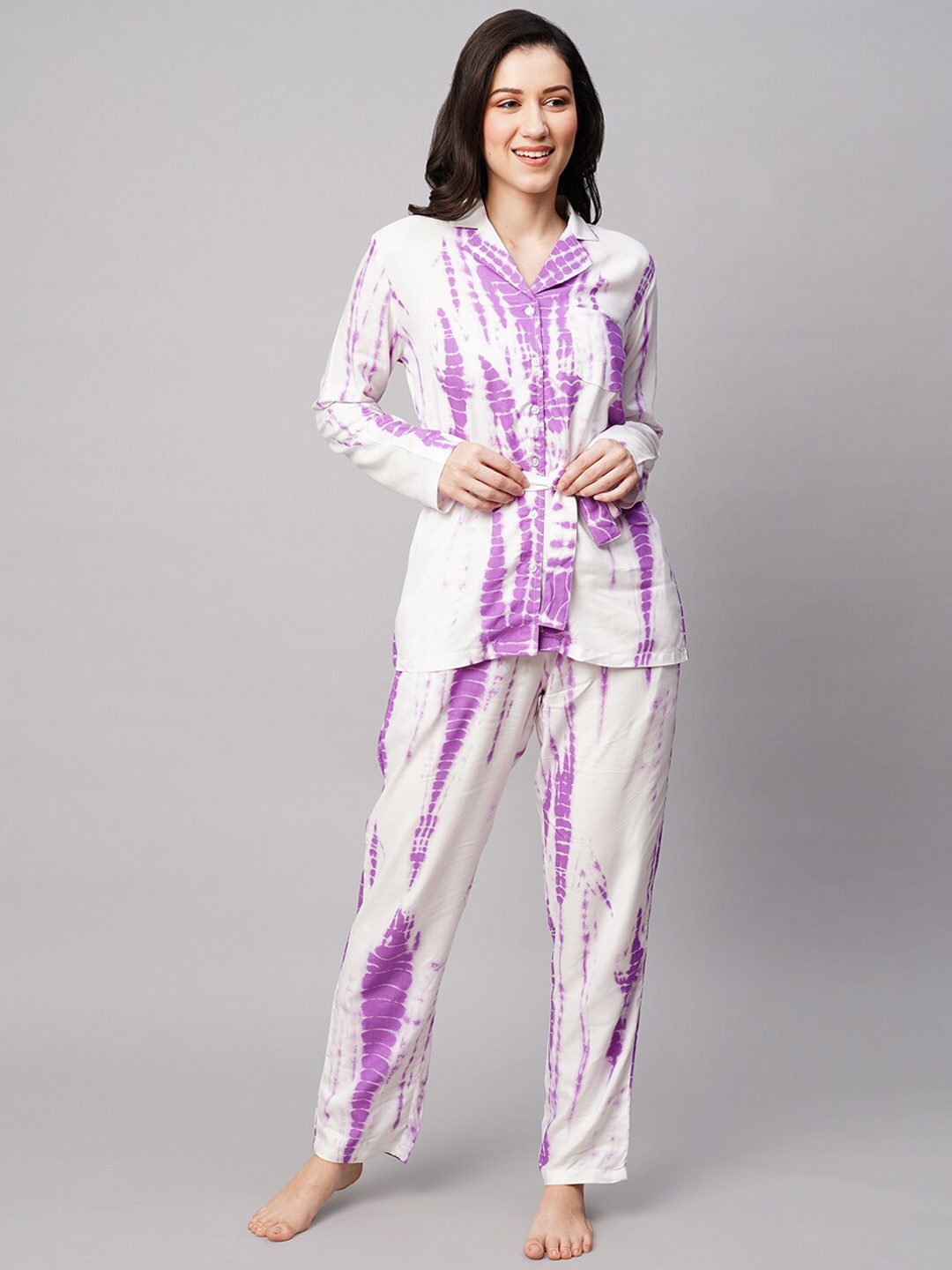 

DRAPE IN VOGUE Women 2 Pieces Tie and Dye Printed Night suit, White