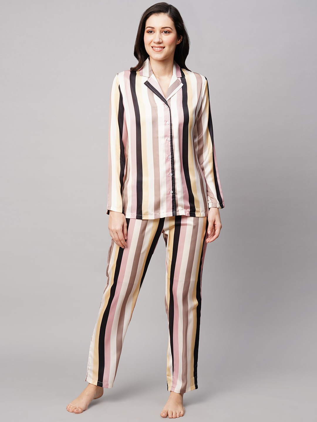

DRAPE IN VOGUE Women 2 Pieces Striped Satin Night suit, Off white