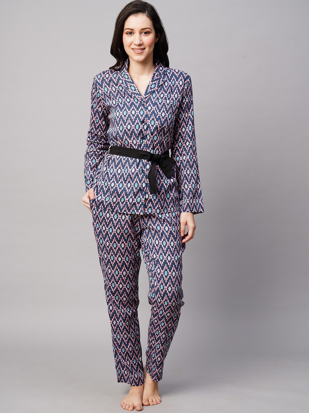 

DRAPE IN VOGUE Women 2 Pieces Ethnic Motifs Printed Night suit, Navy blue