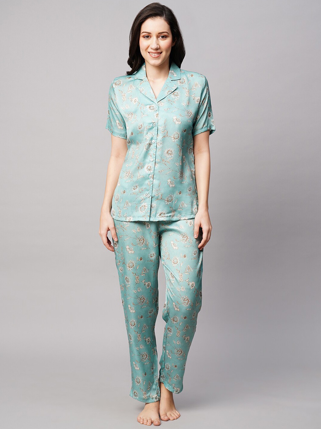 

DRAPE IN VOGUE Women 2 Pieces Floral Printed Satin Night suit, Green
