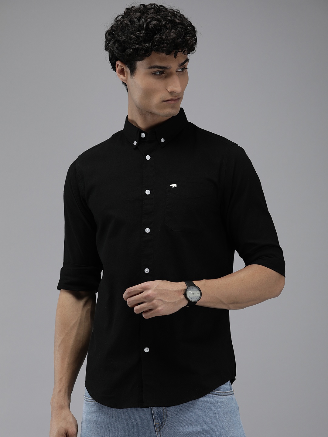 

THE BEAR HOUSE Pure Cotton Slim Fit Casual Shirt, Black