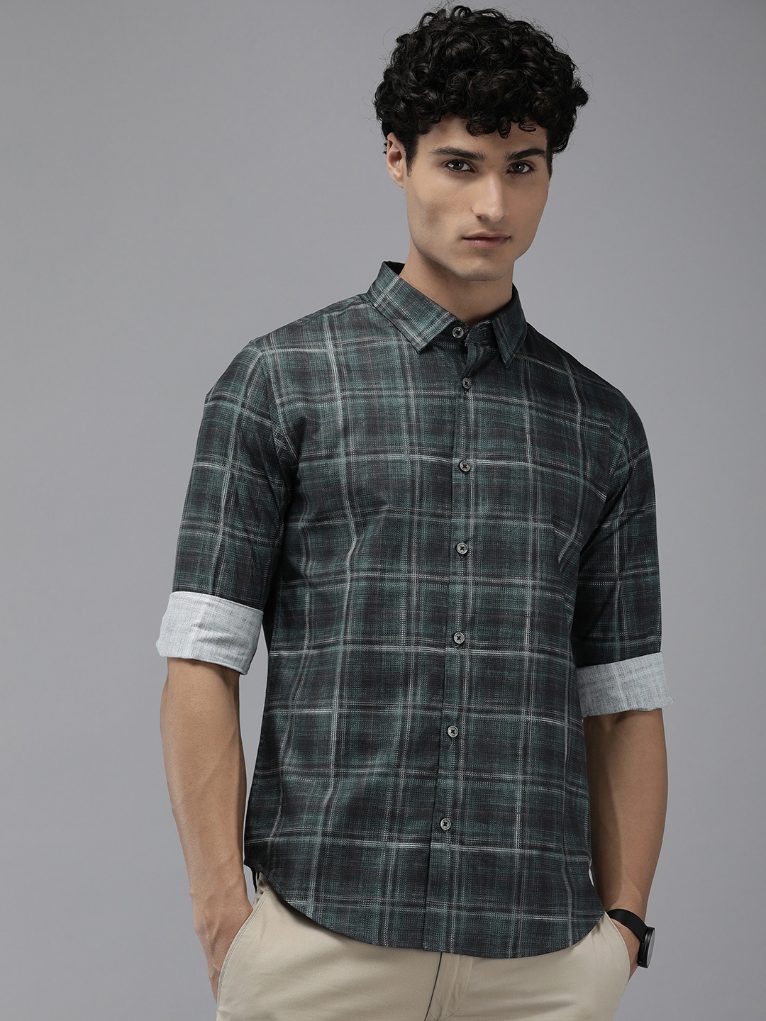 

THE BEAR HOUSE Checked Slim Fit Pure Cotton Casual Shirt, Green