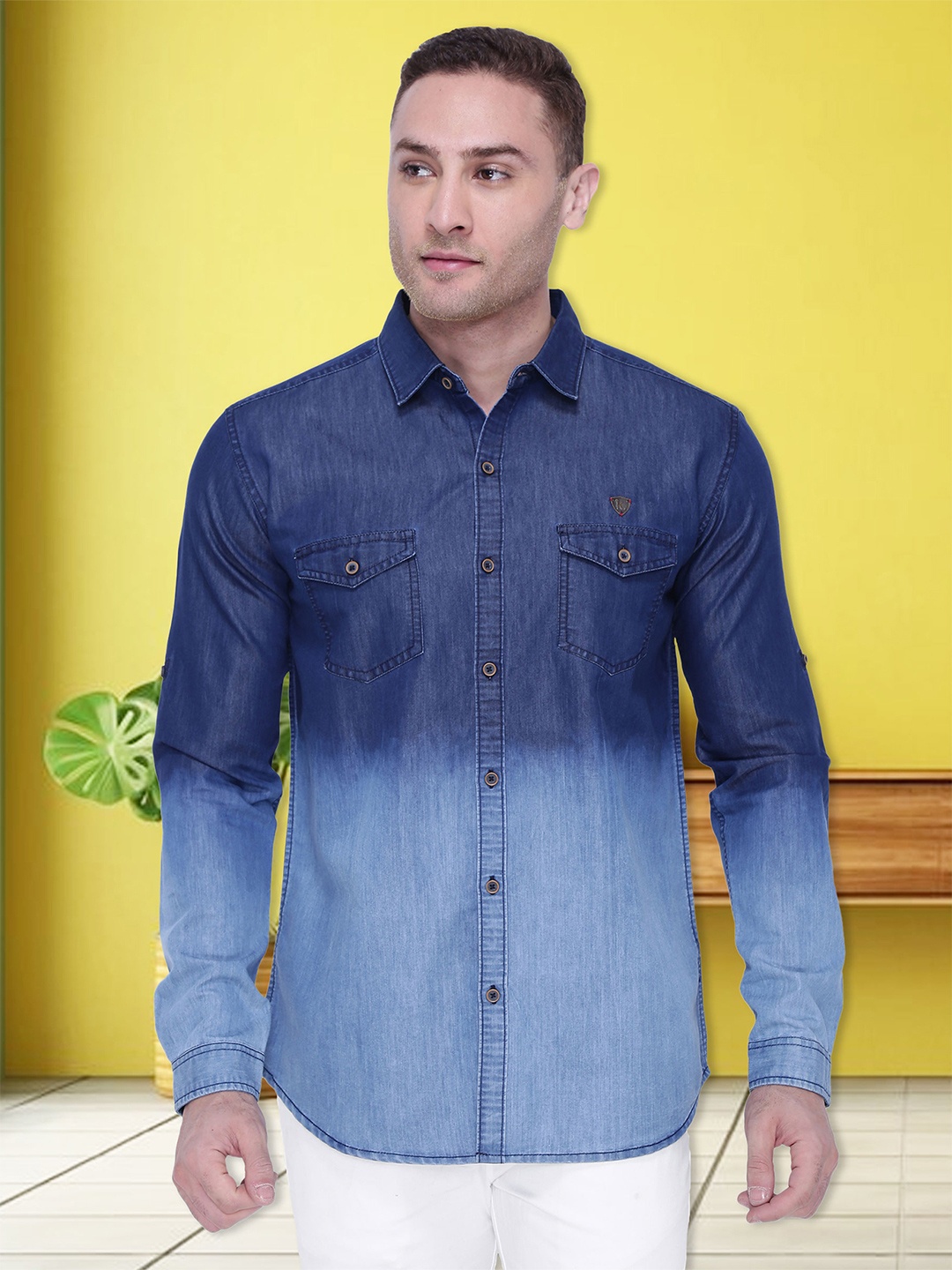 

Kuons Avenue Men Slim Fit Faded Casual Denim Shirt, Blue