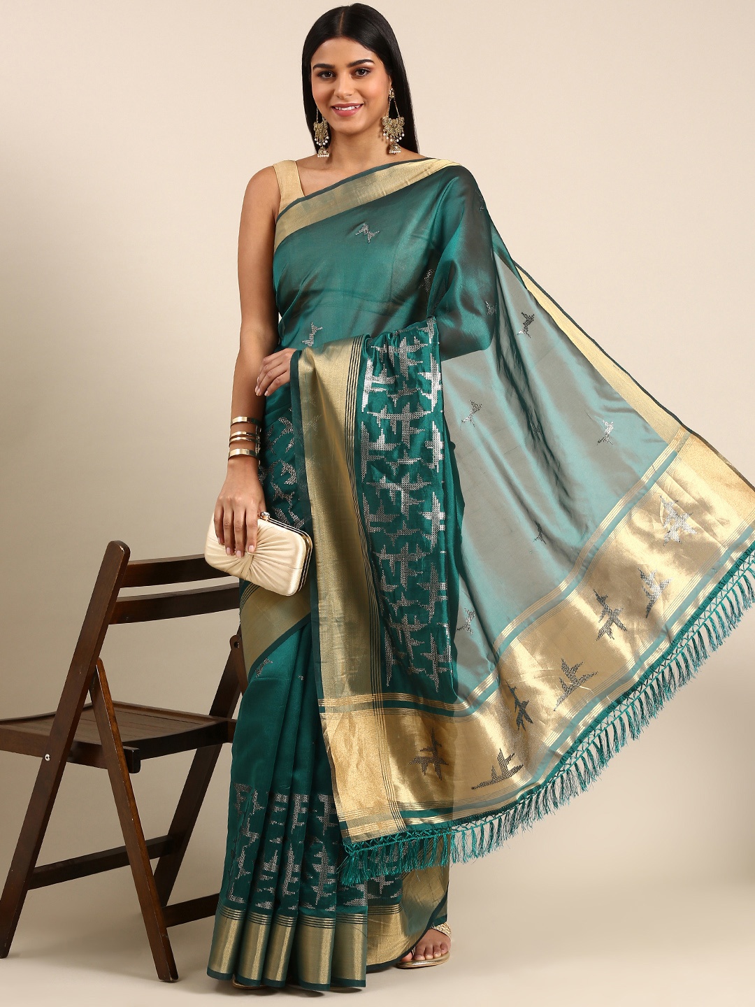 

kasee Embellished Sequinned Silk Blend Saree, Green