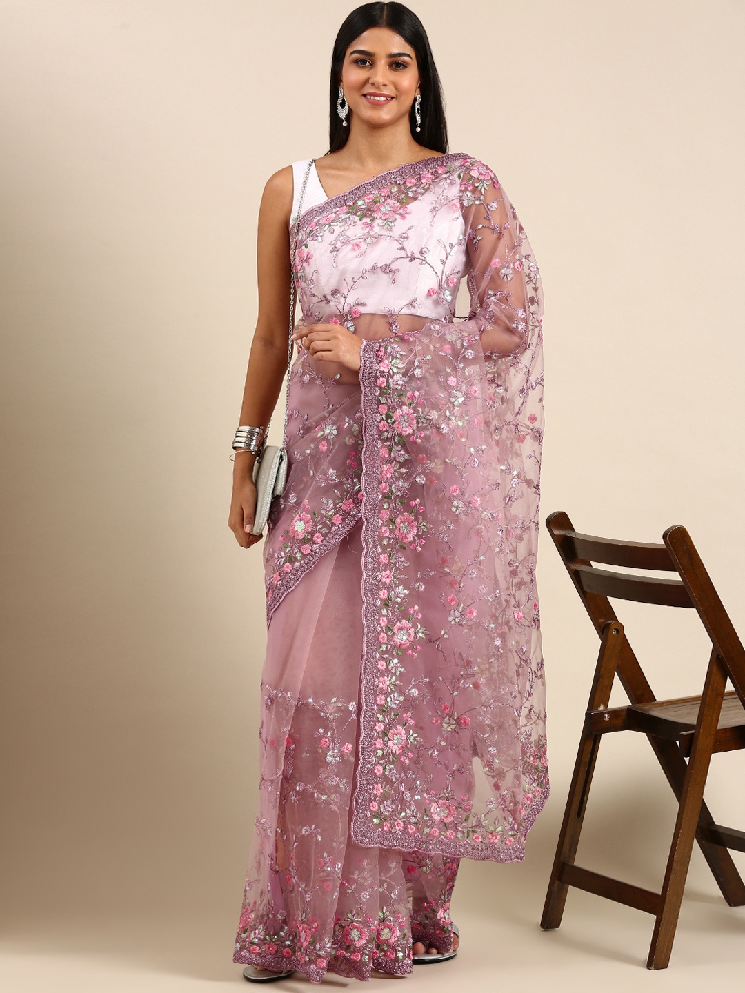 

kasee Floral Embroidered Net Saree, Lavender