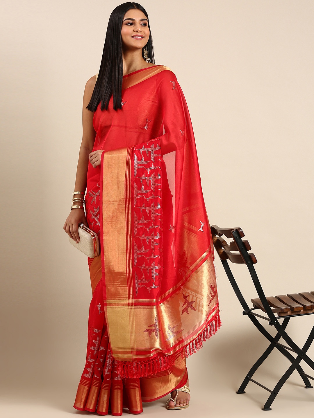 

kasee Embellished Sequinned Silk Blend Saree, Red