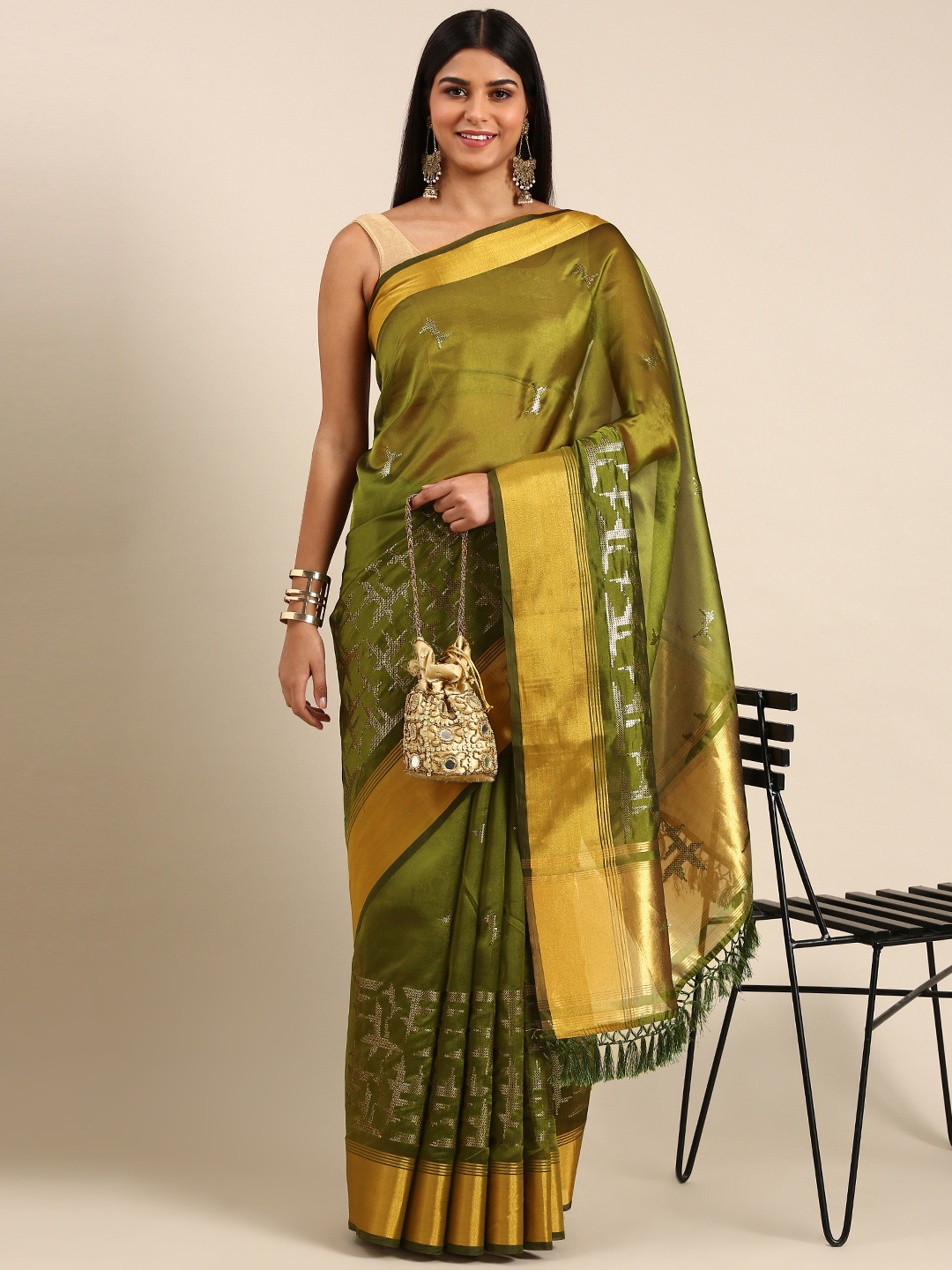 

kasee Embellished Sequinned Silk Blend Saree, Green