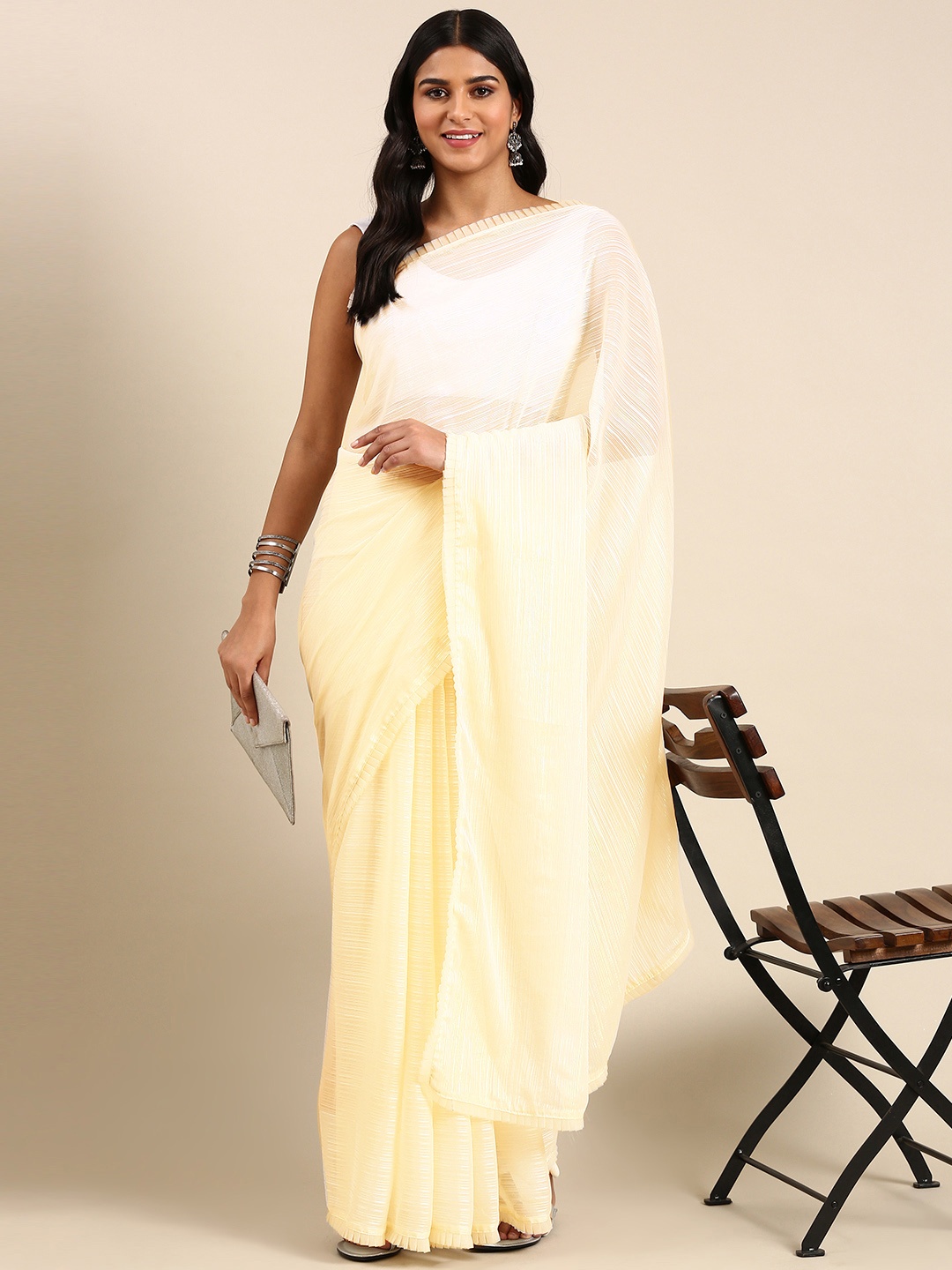 

kasee Striped Embroidered Saree, Off white