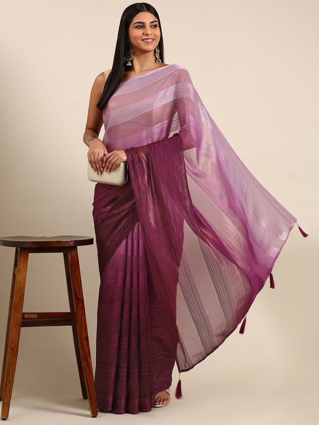 

kasee Striped Embroidered Saree, Burgundy