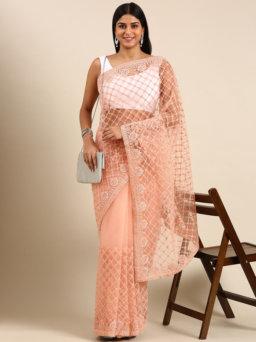 

kasee Checked Embroidered Net Saree, Peach